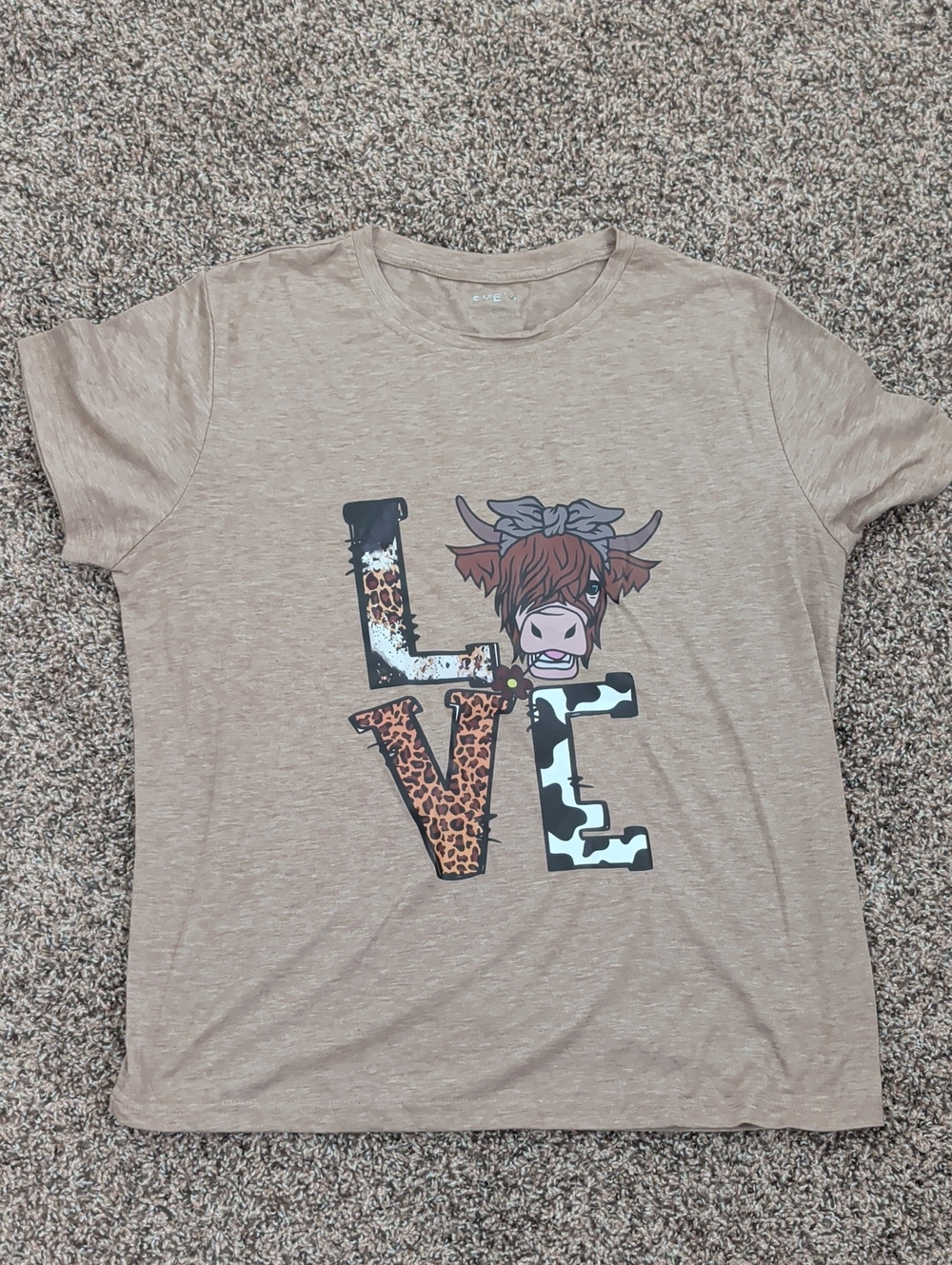 Shein Beige 'LOVE' Graphic Tee with Cow Print